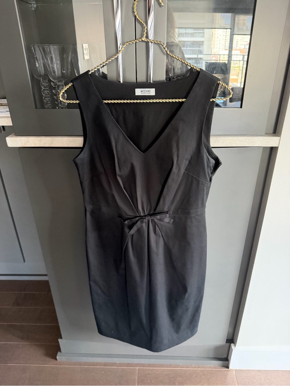 Moschino Black V-Neck Sleeveless Midi Dress with Waist Tie